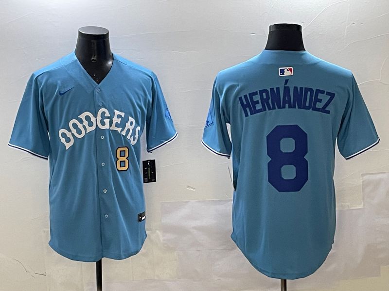 Men Los Angeles Dodgers #8 Hernandez Light Blue Throwback Game 2025 Nike MLB Jersey style 23